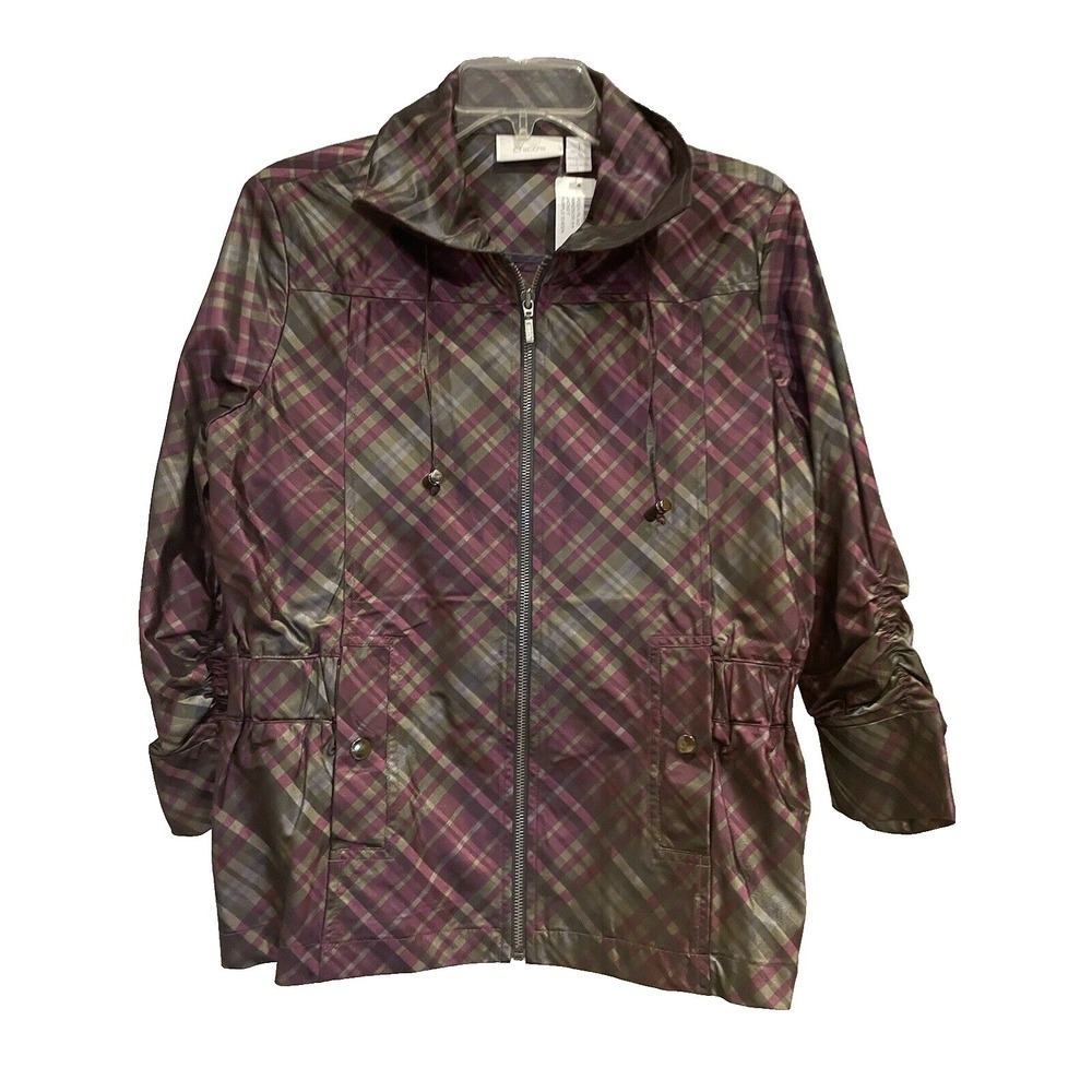 NWT Chicos Jacket Light Weight Coat Purple Plaid 100% Polyester US Womens Sz 1